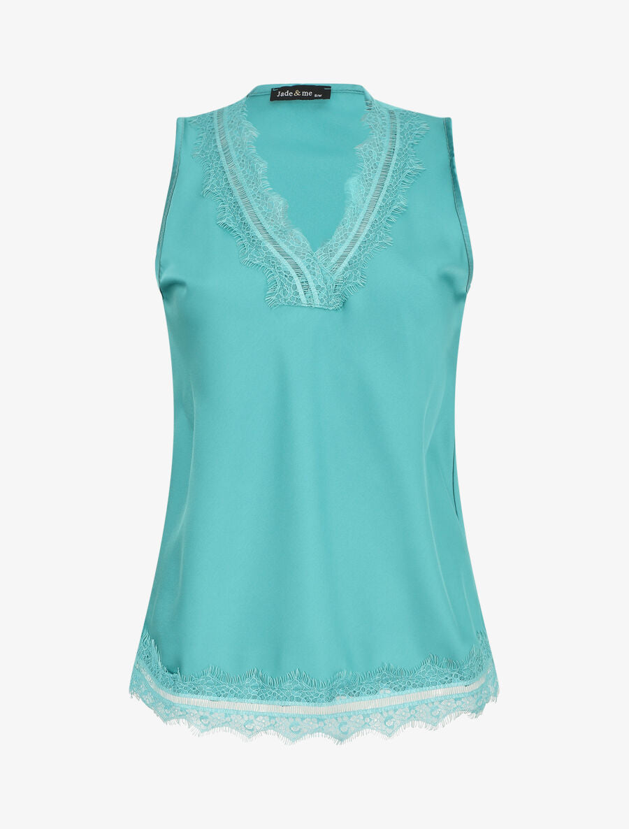 Top satiné uni et dentelle - Turquoise - 5