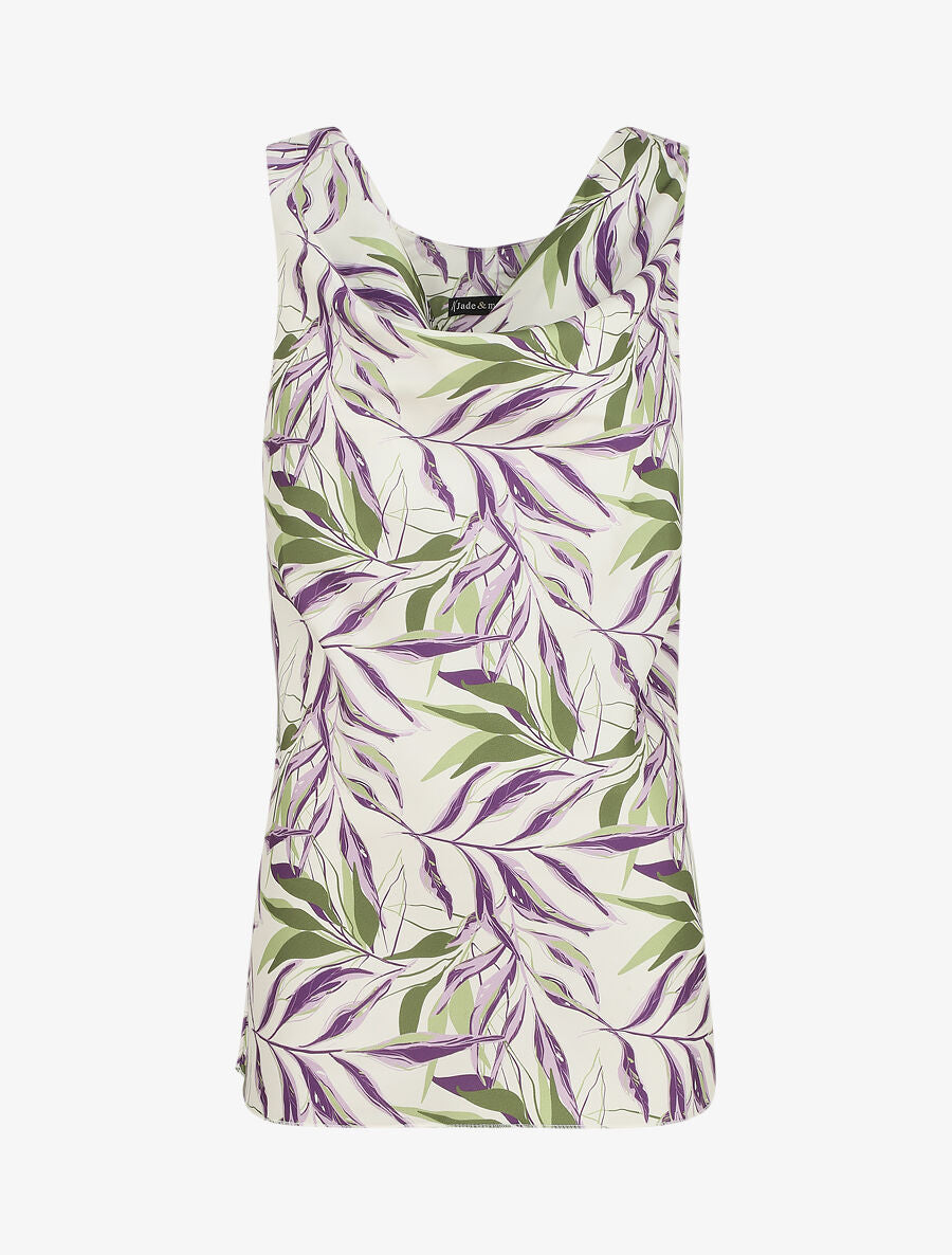 Top satiné imprimé feuilles à col bénitier - Crème - 5