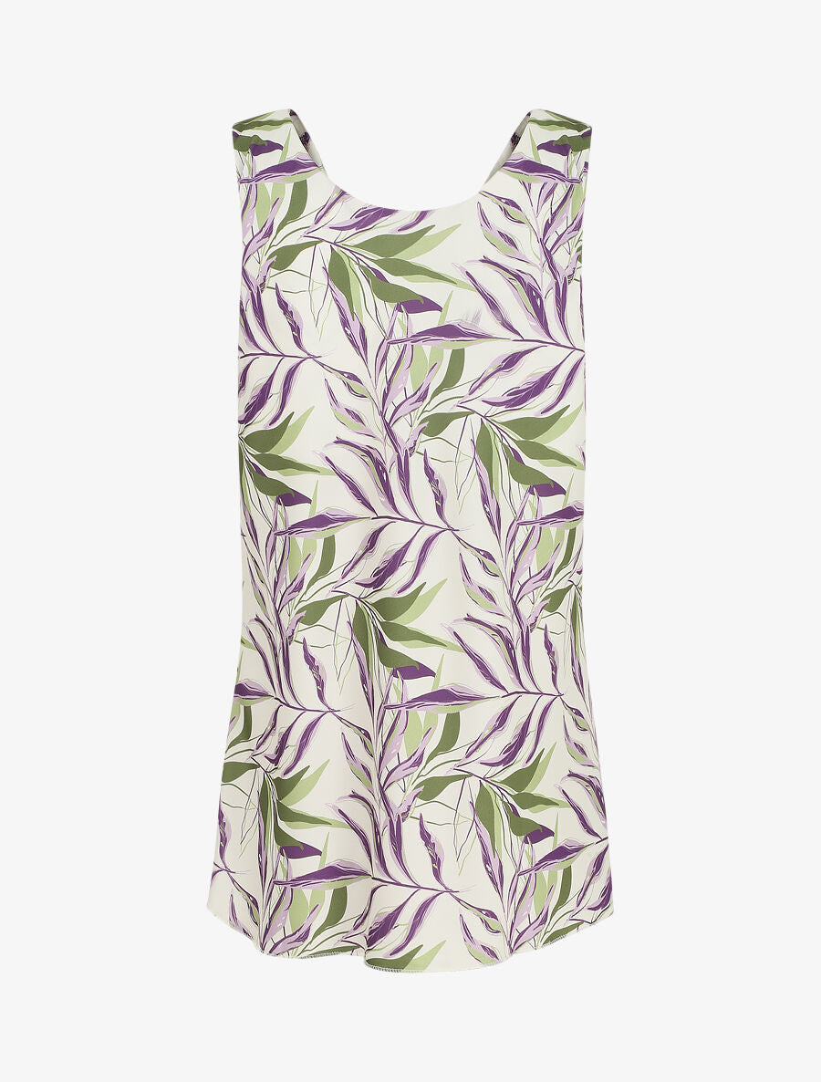 Top satiné imprimé feuilles à col bénitier - Crème - 2