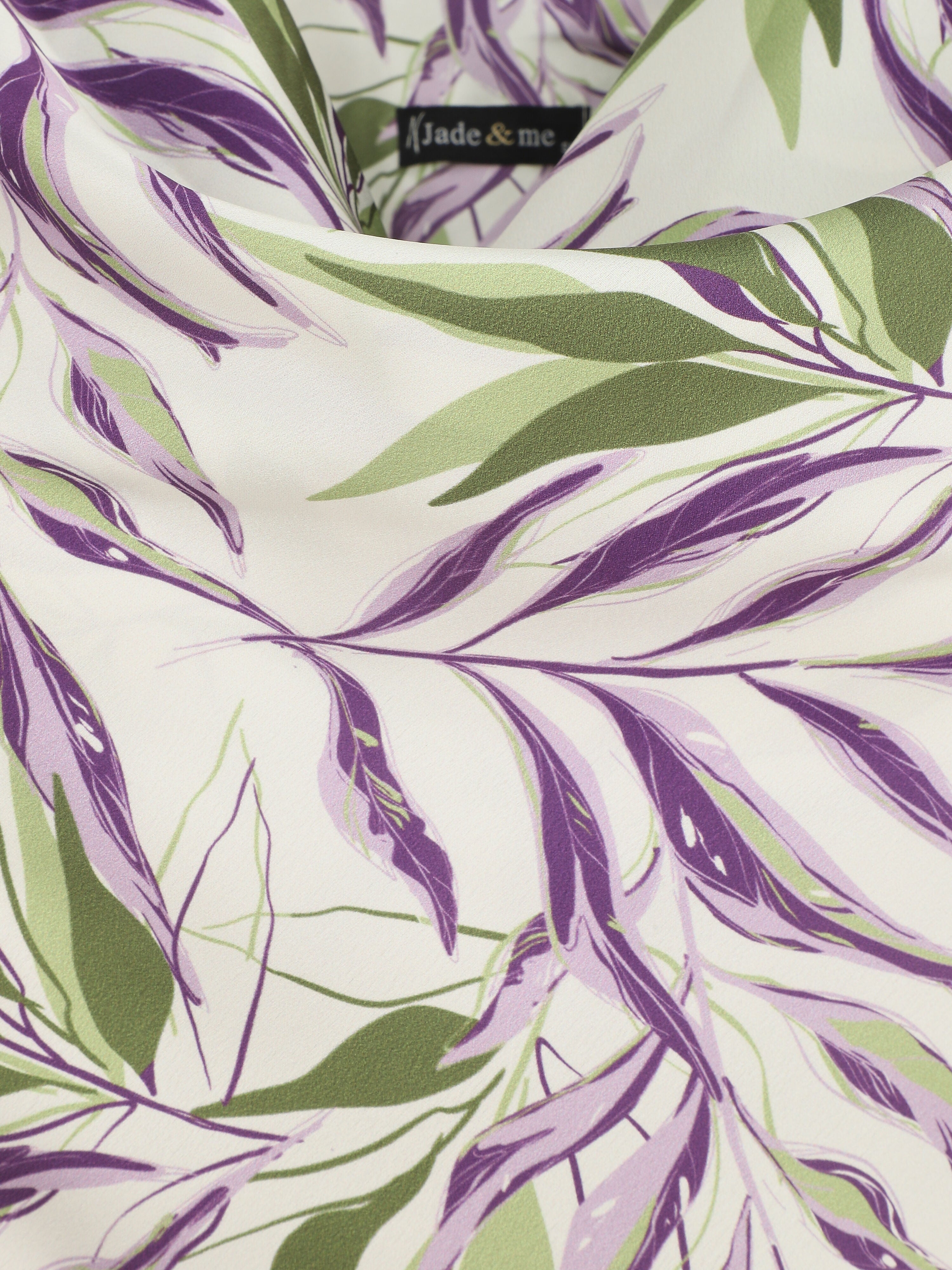 Top satiné imprimé feuilles à col bénitier - Crème - 3