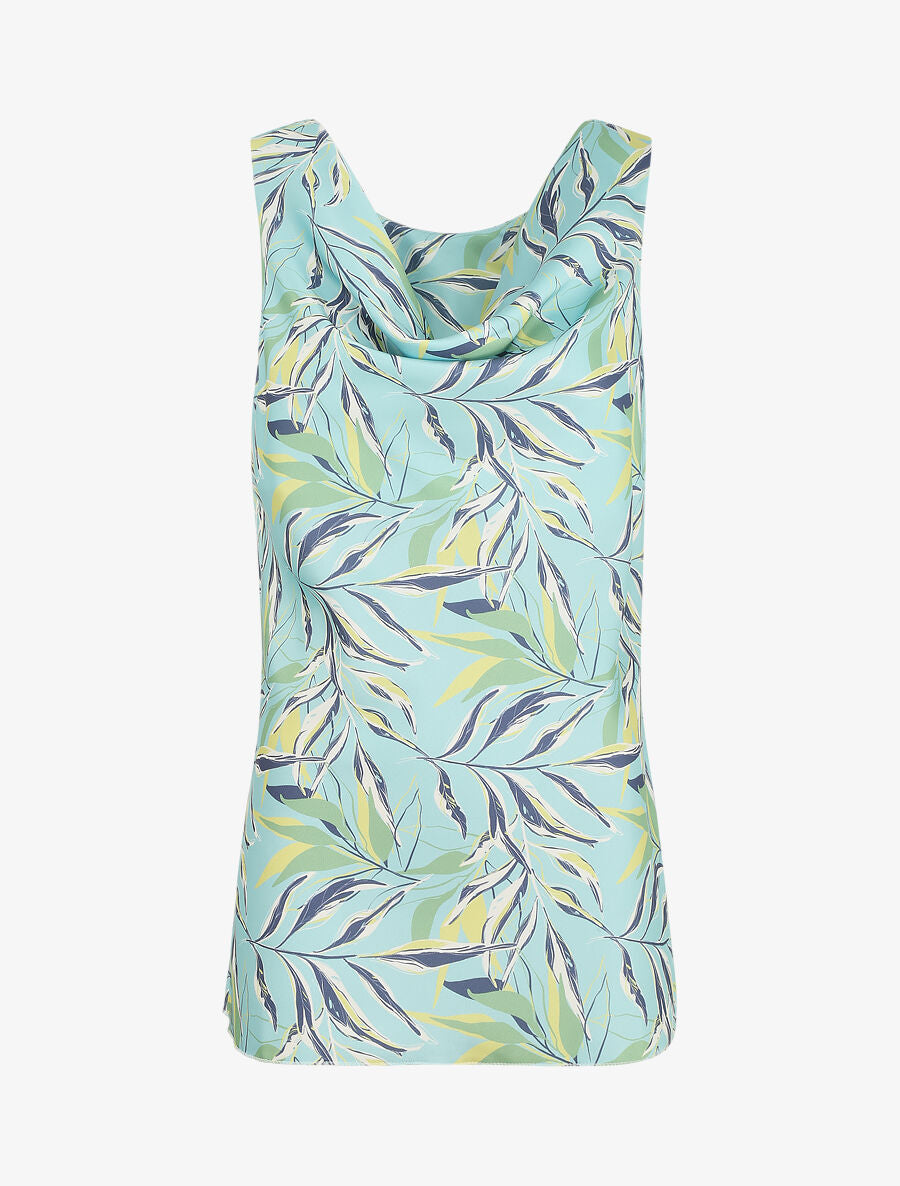 Top satiné imprimé feuilles à col bénitier - Turquoise - 5