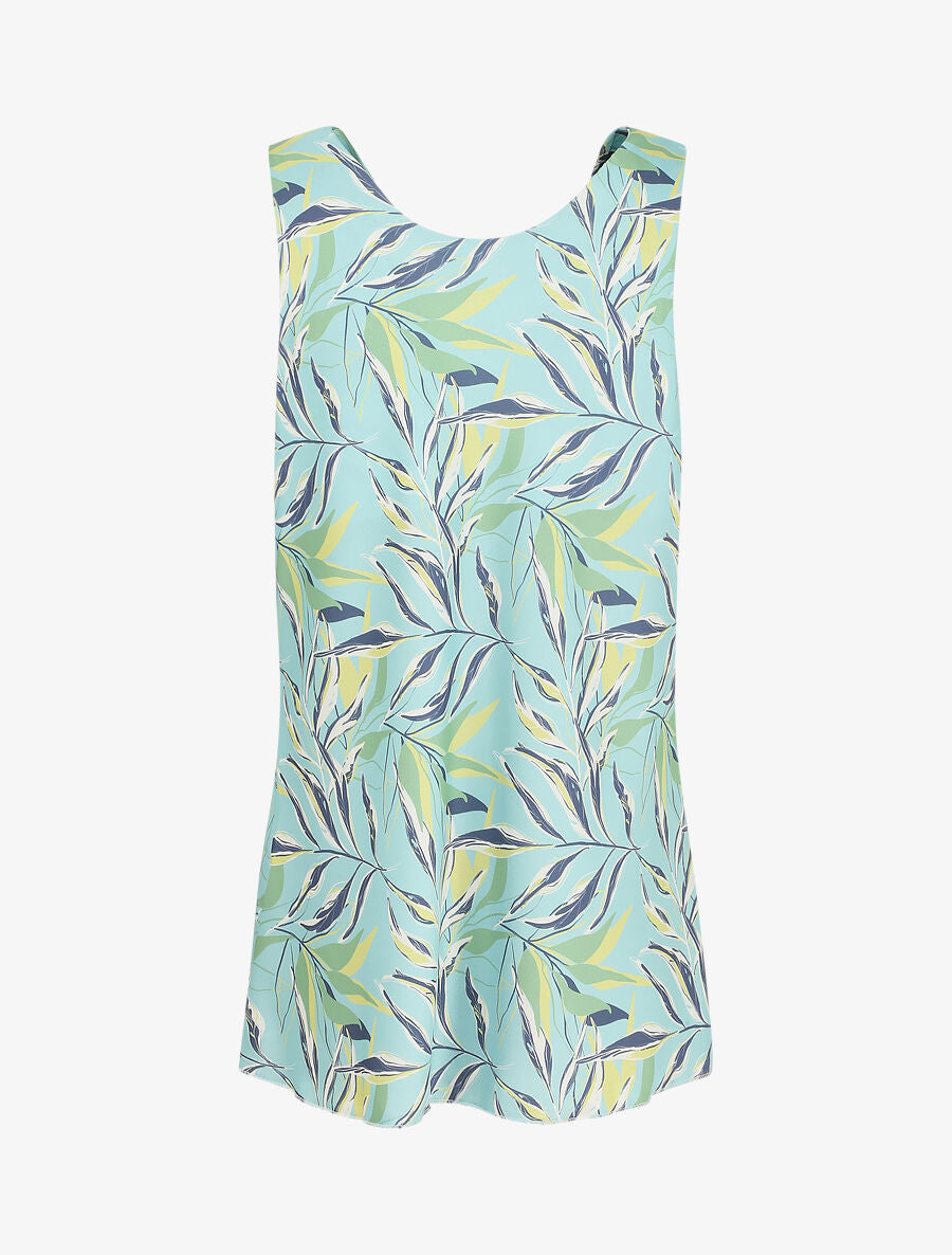 Top satiné imprimé feuilles à col bénitier - Turquoise - 2