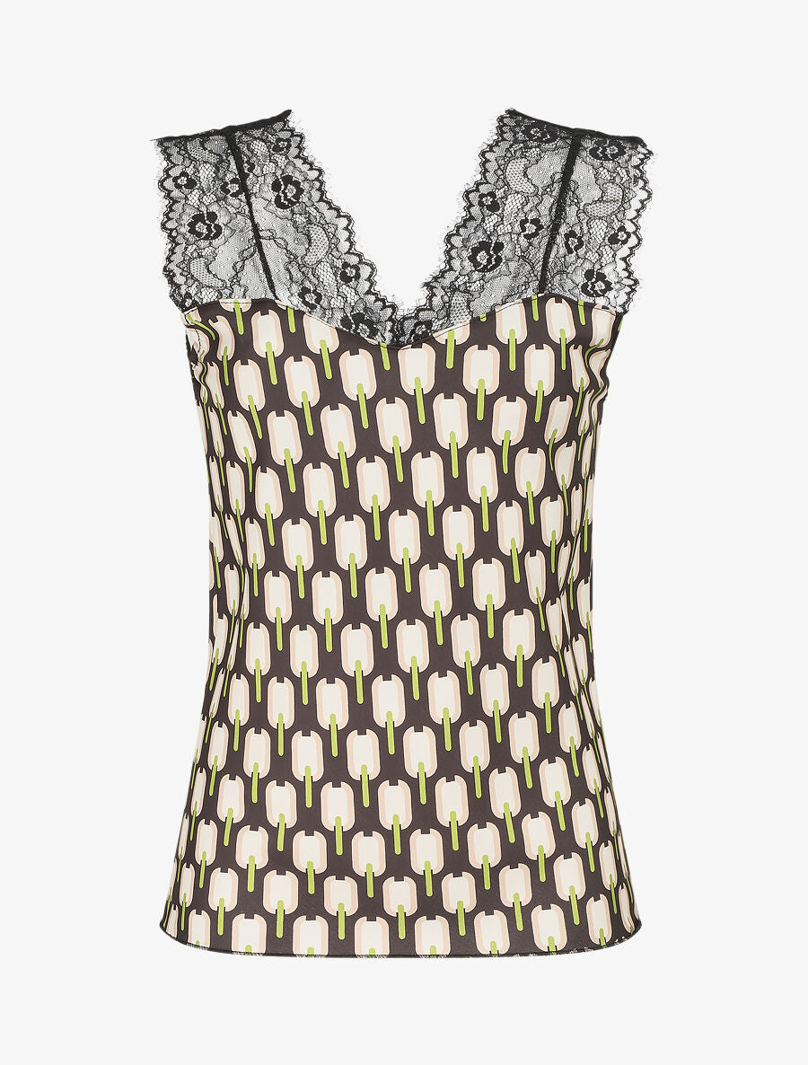 Top satiné à imprimé retro et dentelle - Noir - 1