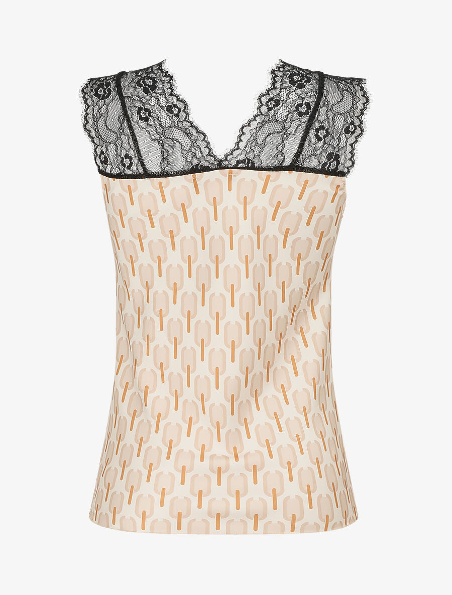 Top satiné à imprimé retro et dentelle - Beige - 2