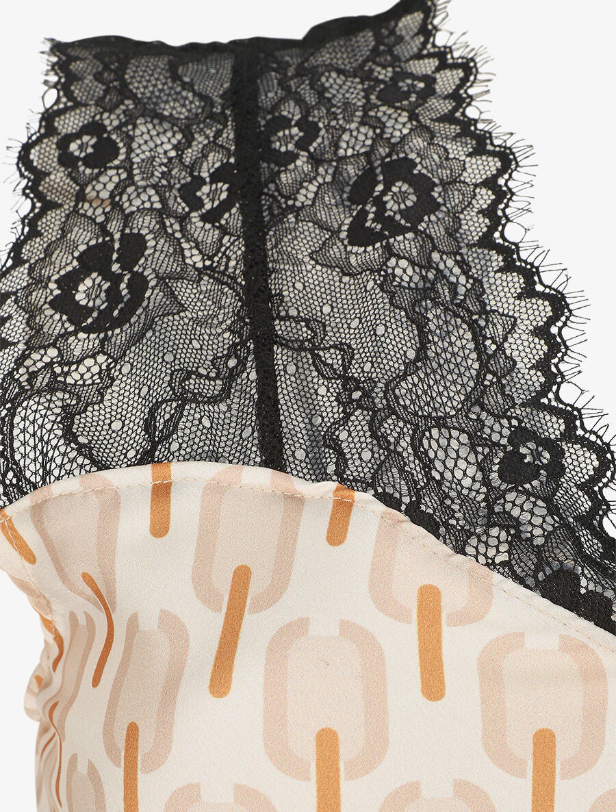 Top satiné à imprimé retro et dentelle - Beige - 3
