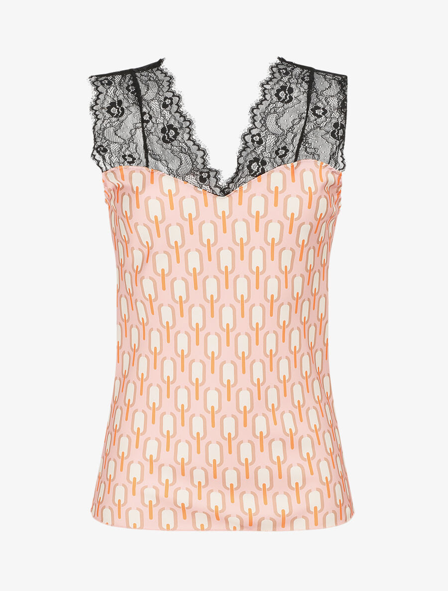 Top satiné à imprimé retro et dentelle - Rose - 1