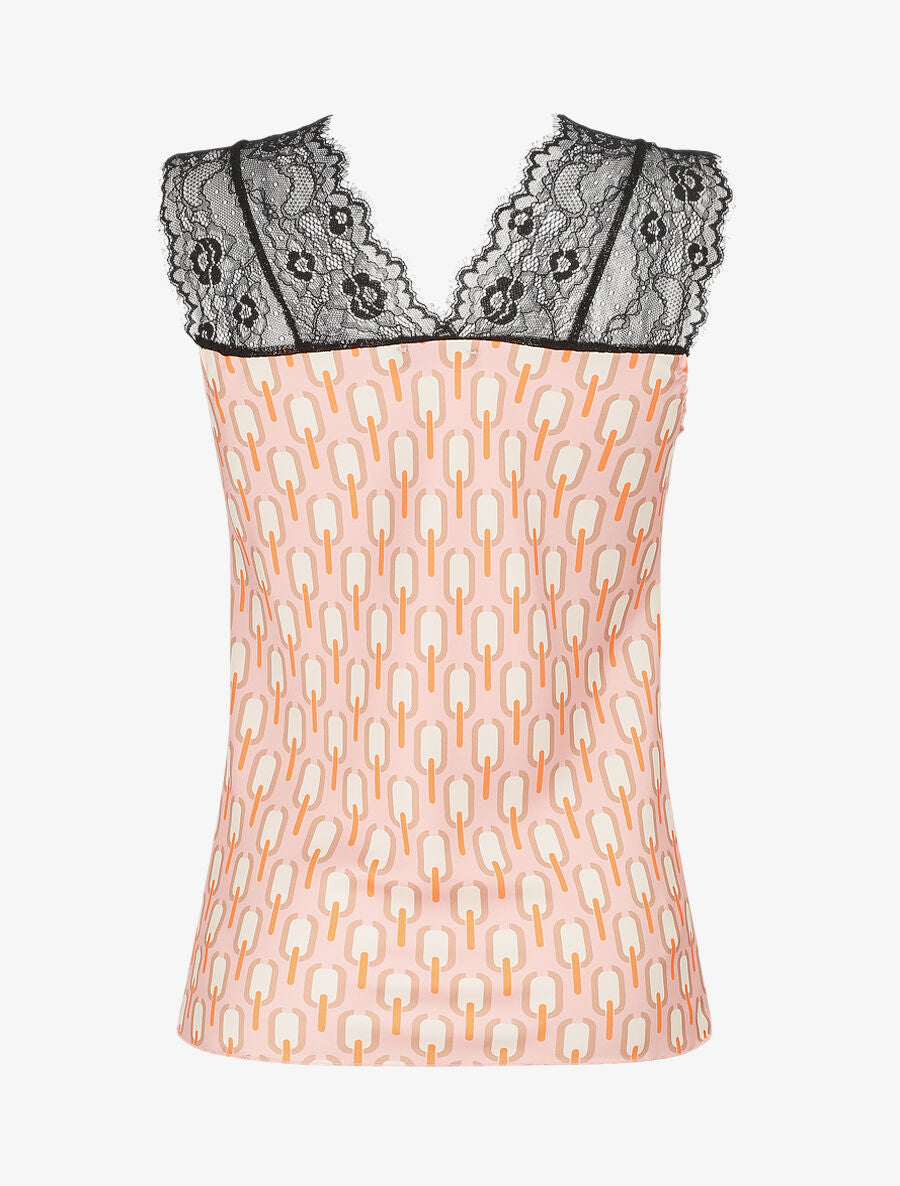 Top satiné à imprimé retro et dentelle - Rose - 2
