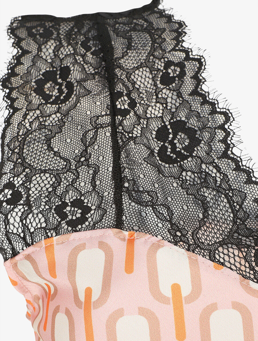 Top satiné à imprimé retro et dentelle - Rose - 3