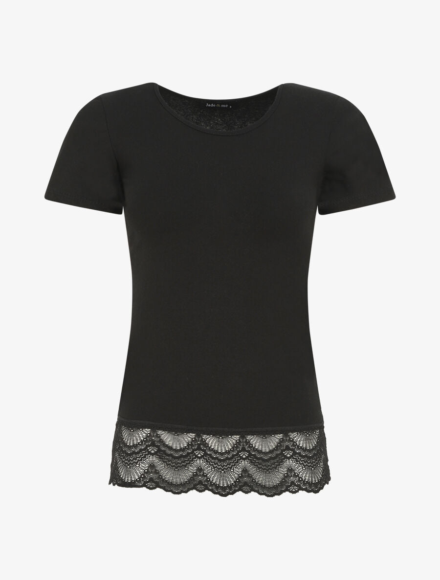 T-shirt uni et dentelle - Noir - 1