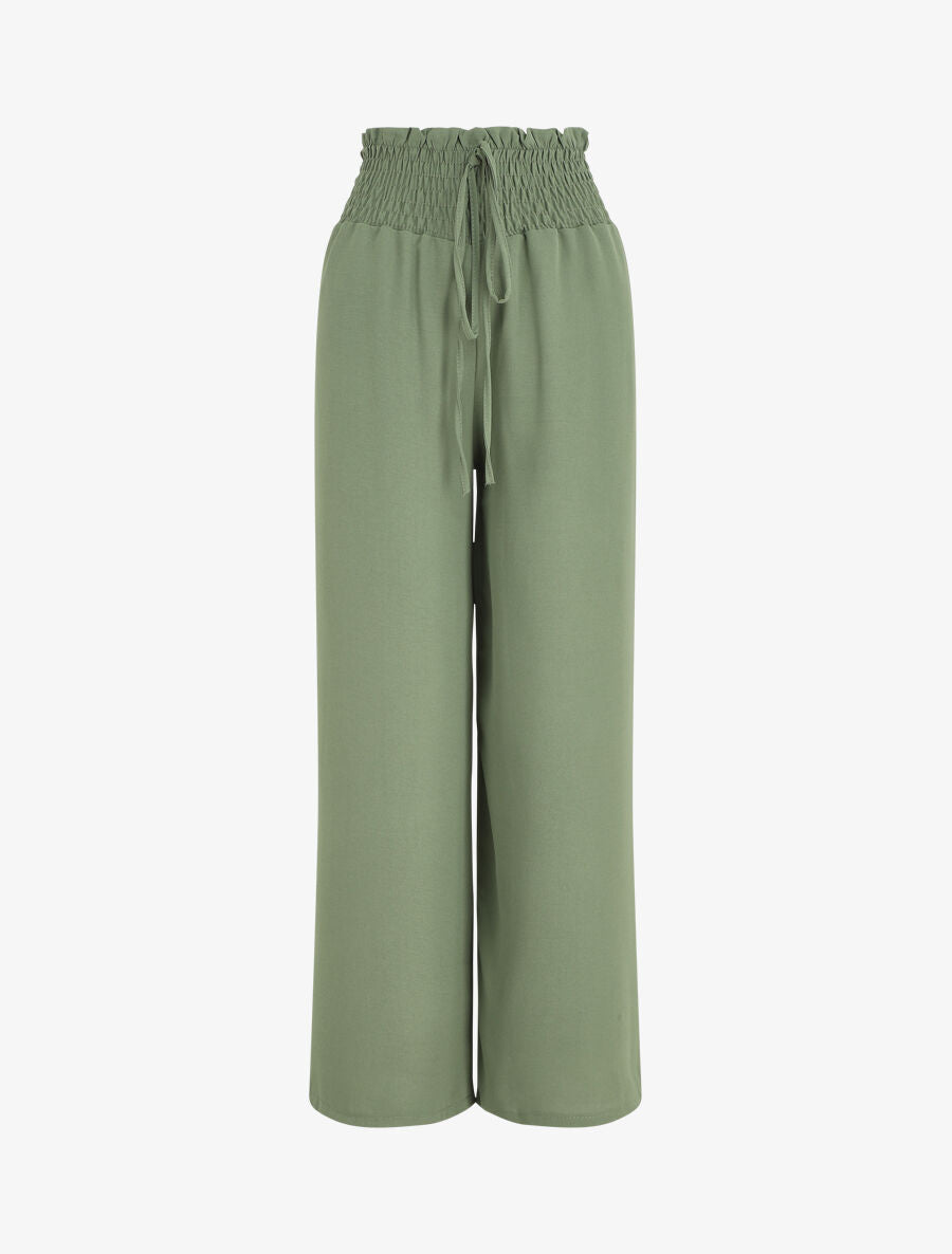Pantalon uni ample taille haute élastiquée - Vert - 1