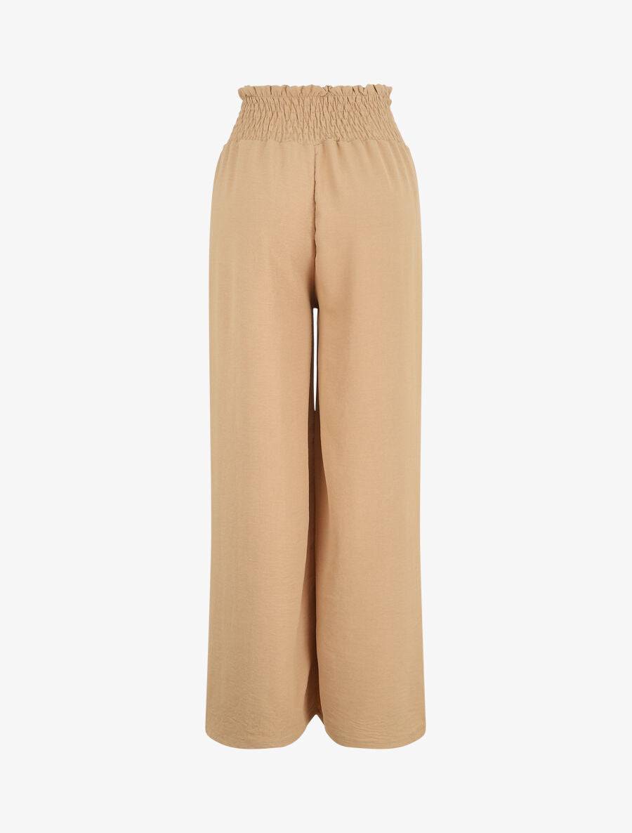 Pantalon uni ample taille haute élastiquée - Beige - 2