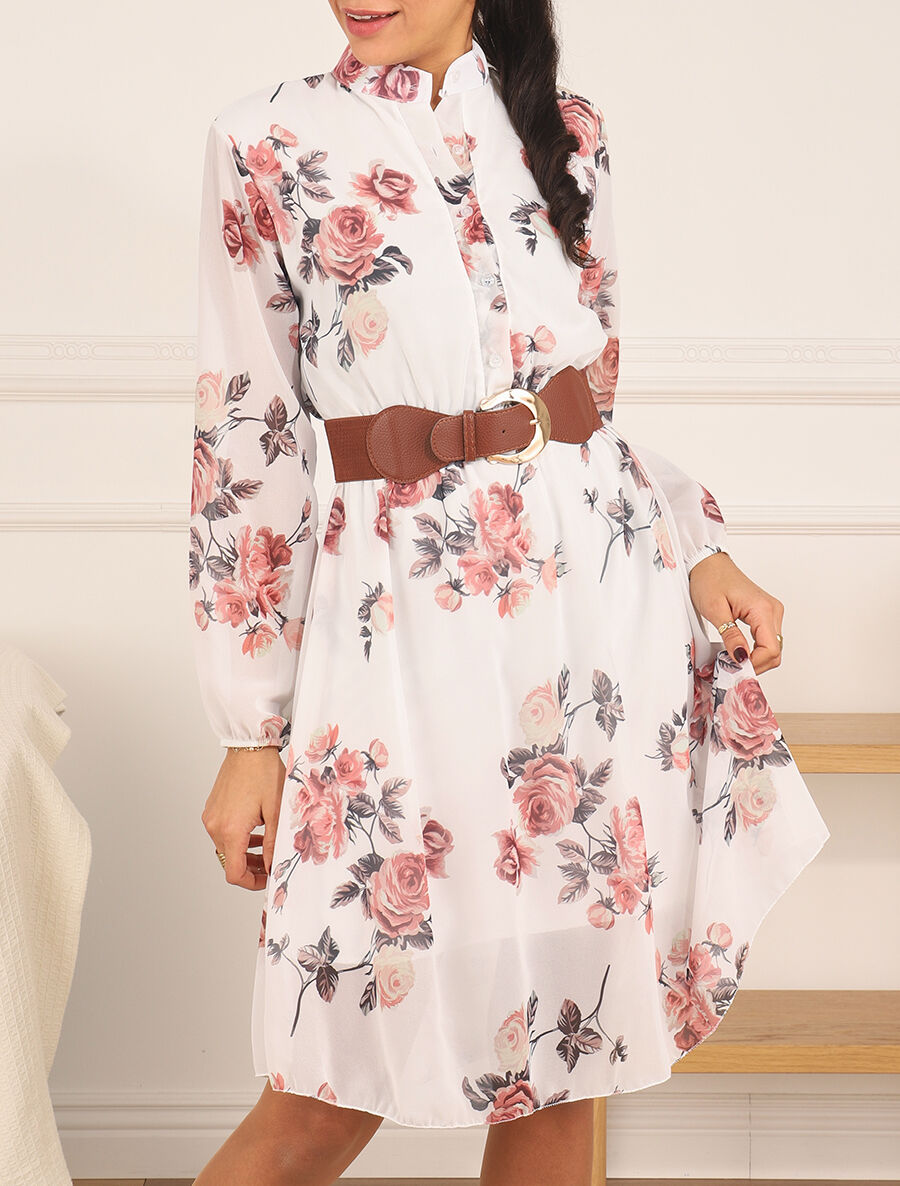 Robe élastiquée à imprimé fleuri - Blanc - 4