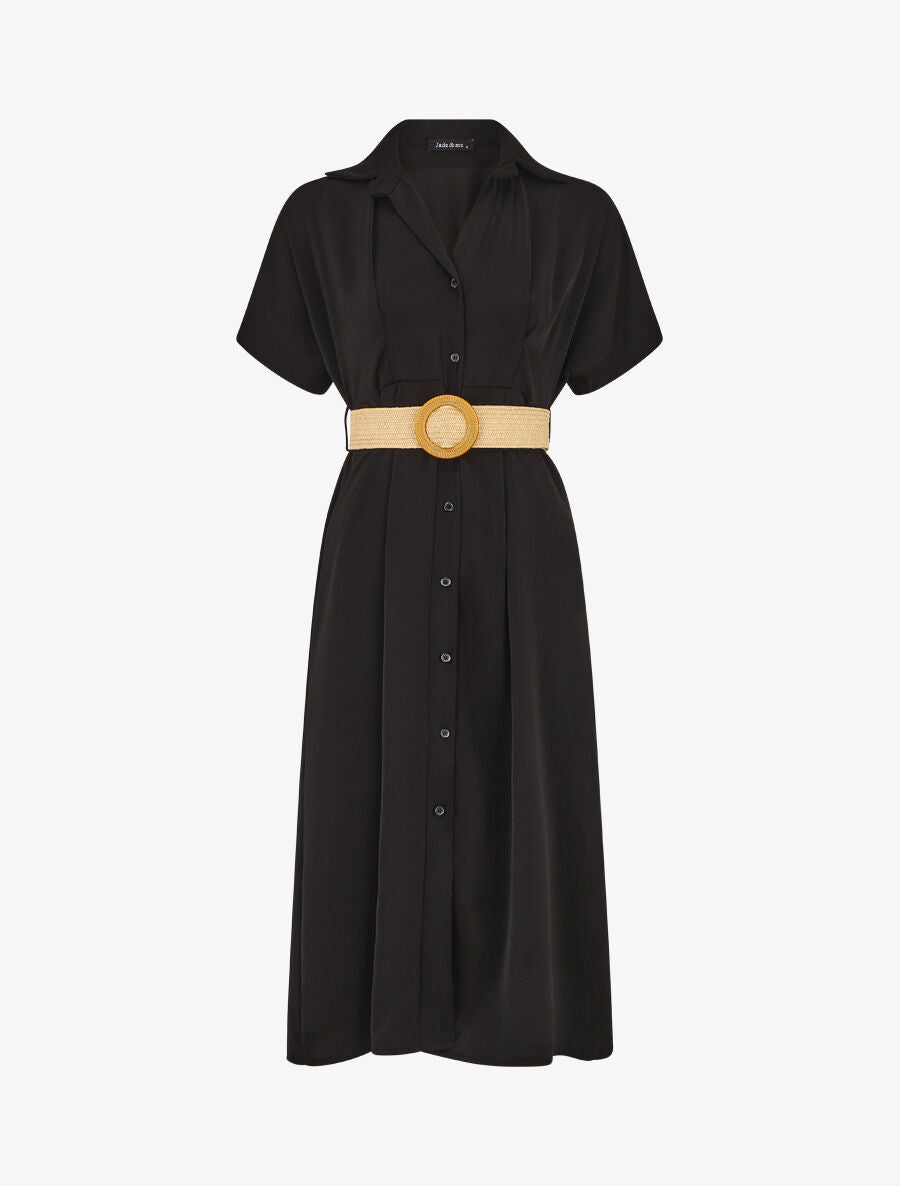 Robe chemise longue unie manches courtes - Noir - 4