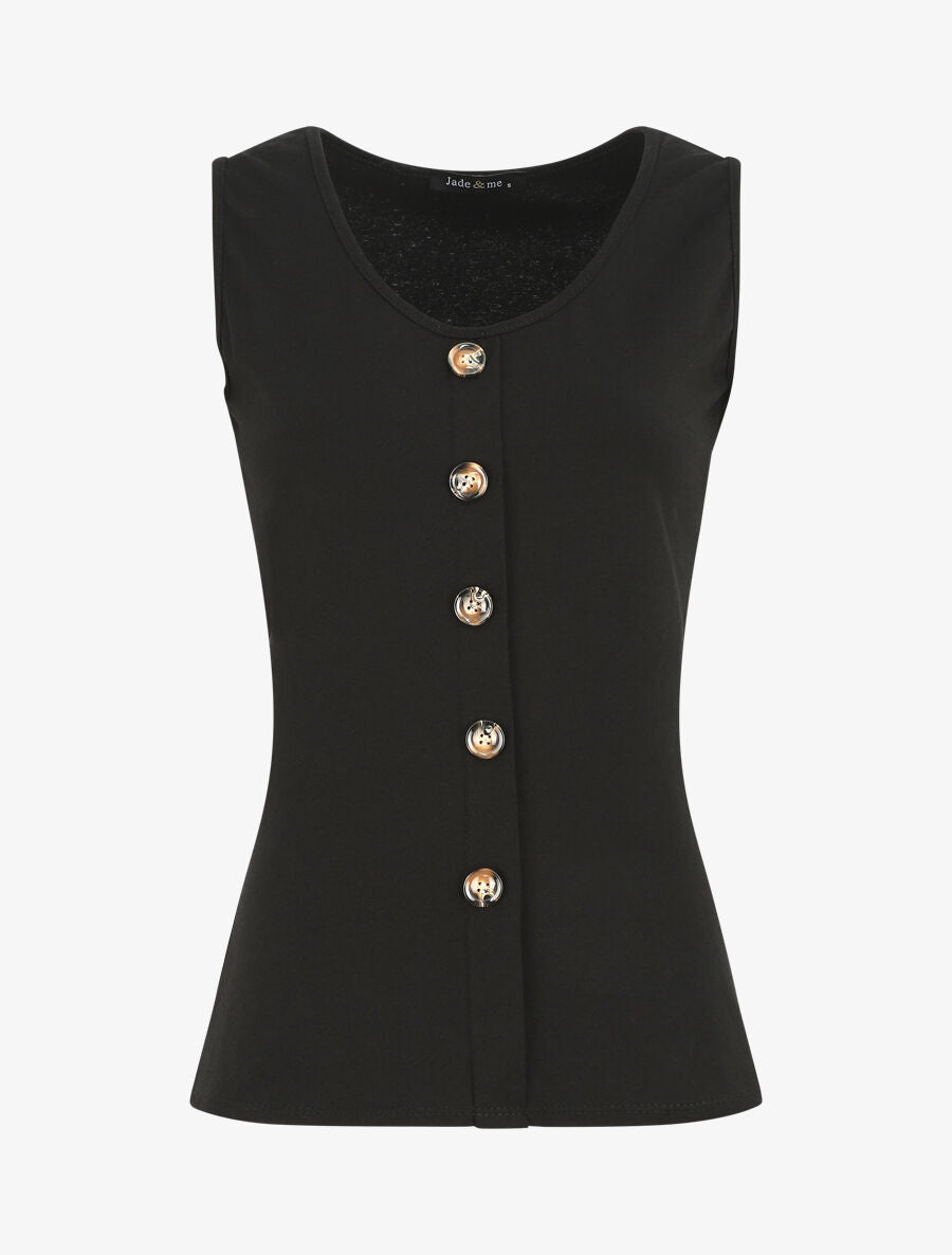 Top uni sans manches et boutons décoratifs - Noir - 1