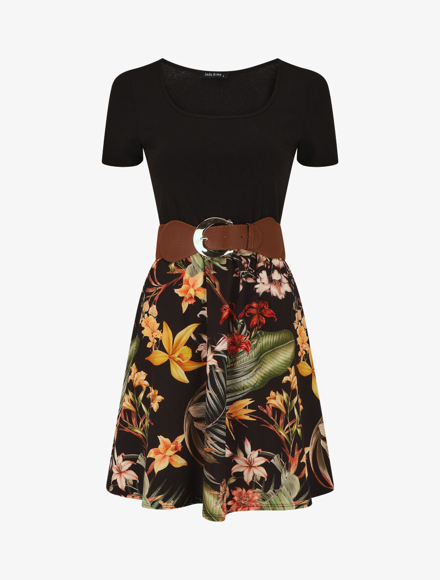 Robe mi-longue à imprimé fleurs tropicales - Noir - 4