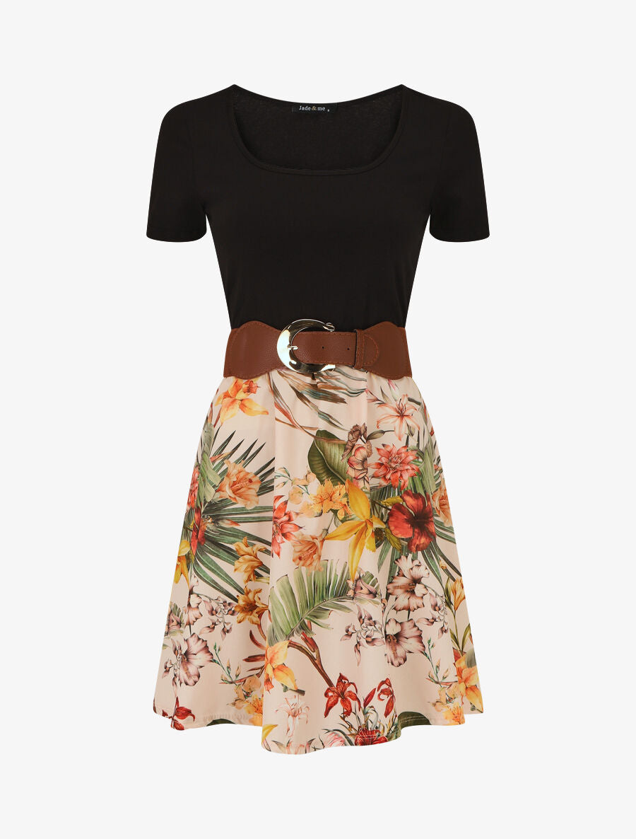 Robe mi-longue à imprimé fleurs tropicales - Beige - 4