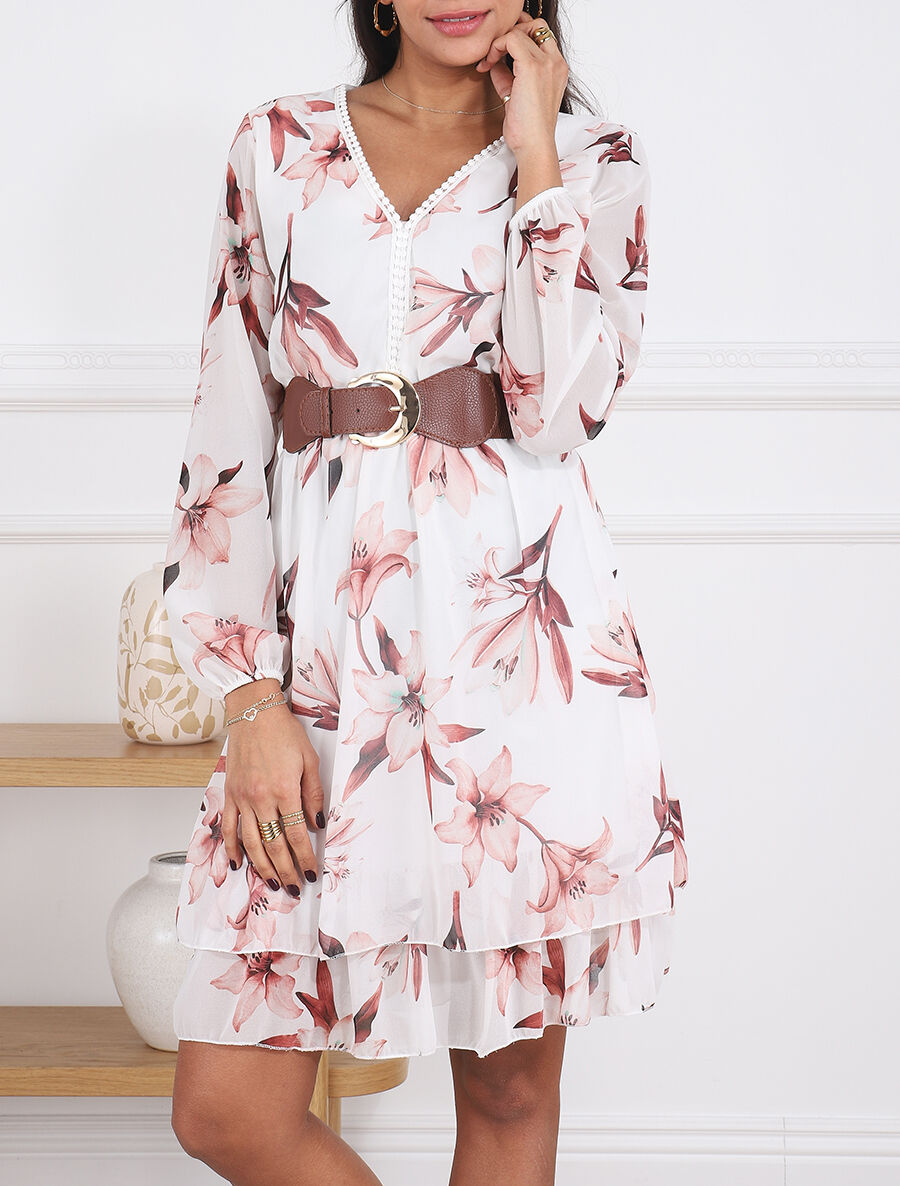 Robe élastiquée à imprimé fleurs - Blanc - 4
