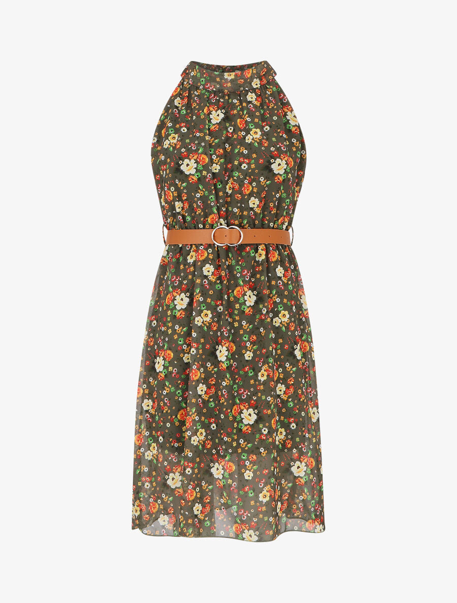 Robe sans manches évasée imprimé petites fleurs - Kaki - 4