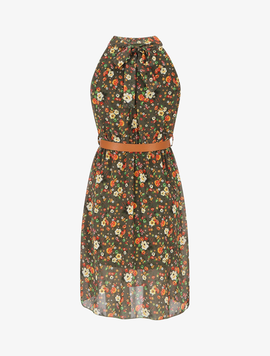 Robe sans manches évasée imprimé petites fleurs - Kaki - 2