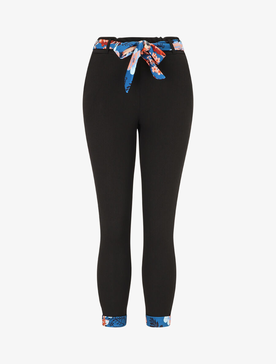 Pantalon slim taille haute à revers fleuri - Noir/bleu - 5