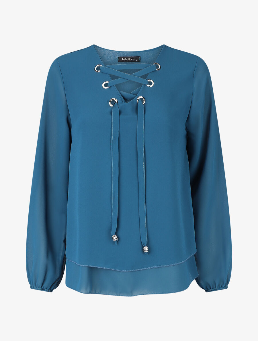 Blouse unie avec lacets - Bleu canard - 1