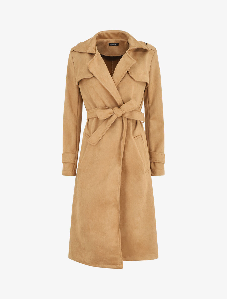 Trench long uni en suédine - Camel - 5