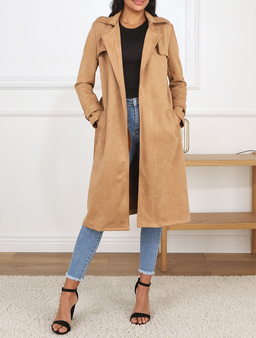 Trench long uni en suédine - Camel - 4