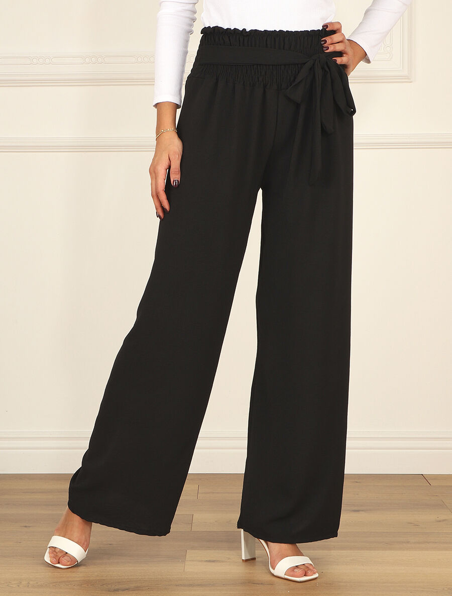 Pantalon uni à taille élastiquée - Noir - 4