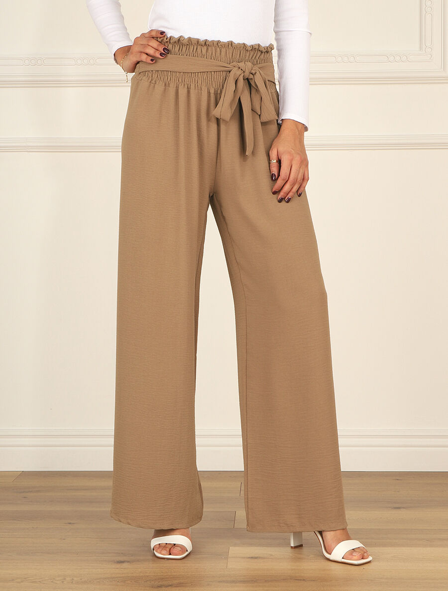 Pantalon uni à taille élastiquée - Camel - 4