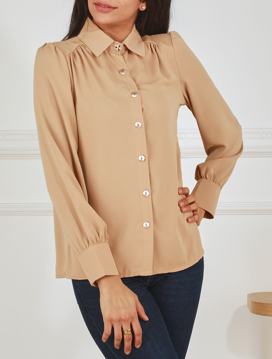 Blouse unie à manches longues - Beige - 4