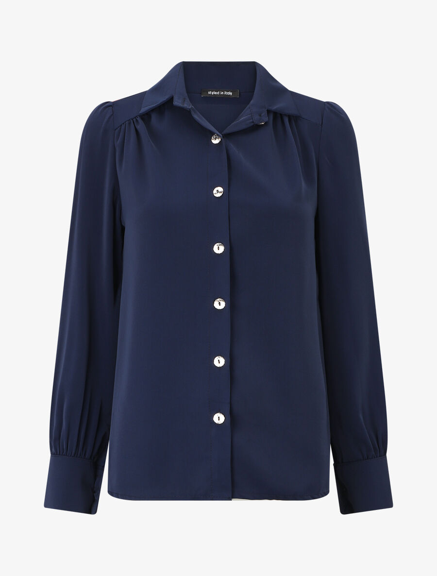 Blouse unie à manches longues - Marine - 1