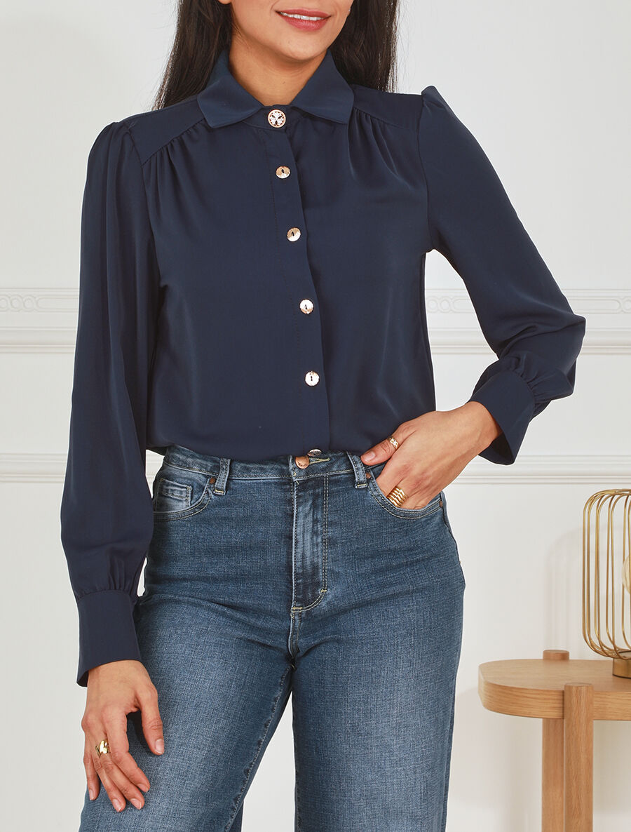 Blouse unie à manches longues - Marine - 4