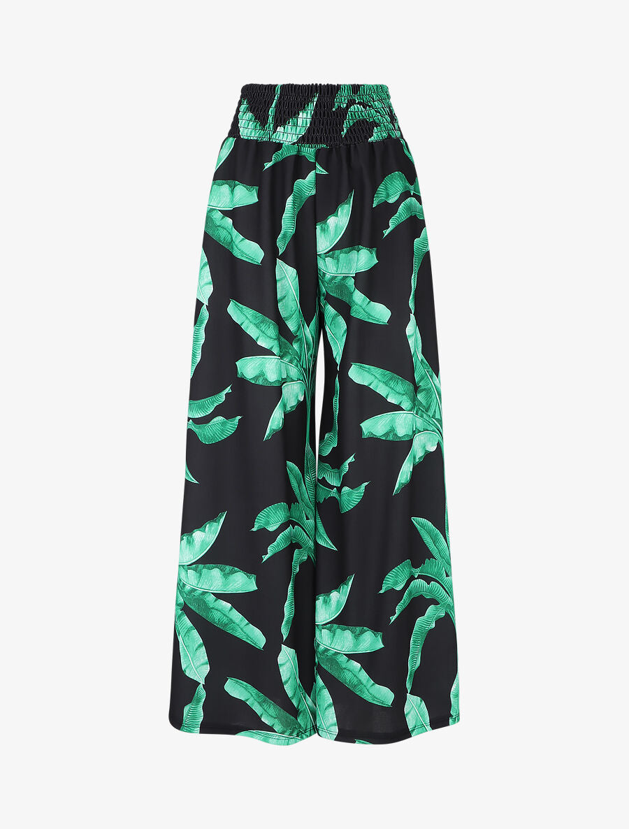 Pantalon ample élastiqué à imprimé feuilles - Noir - 5