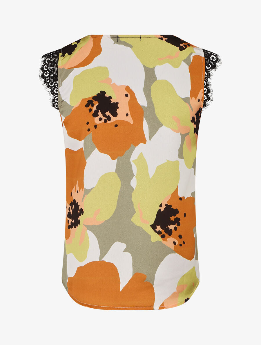 Top en dentelle imprimé grandes fleurs abstraites - Kaki - 2