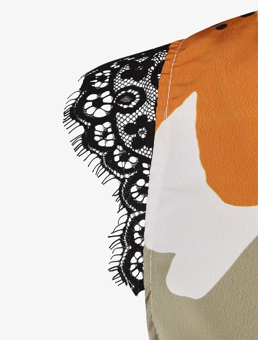Top en dentelle imprimé grandes fleurs abstraites - Kaki - 3