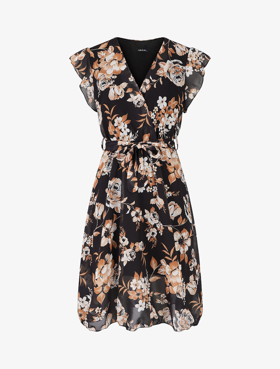 Robe à imprimé fleuri et manches courtes volantées - Noir - 1
