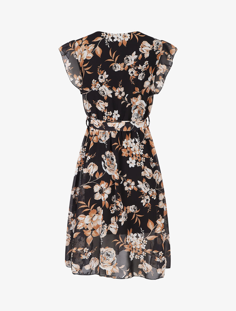 Robe à imprimé fleuri et manches courtes volantées - Noir - 2
