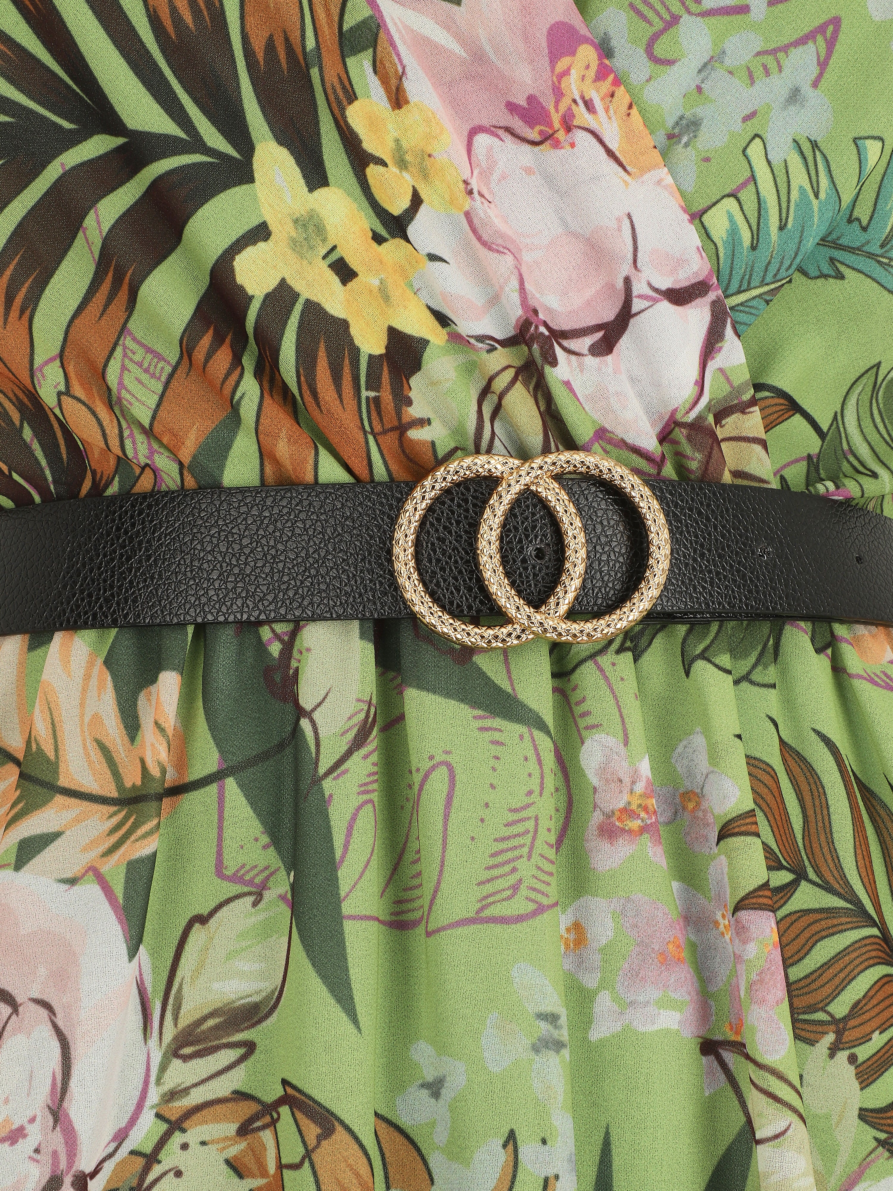 Robe évasée manches courtes imprimé fleurs tropicales - Vert - 3