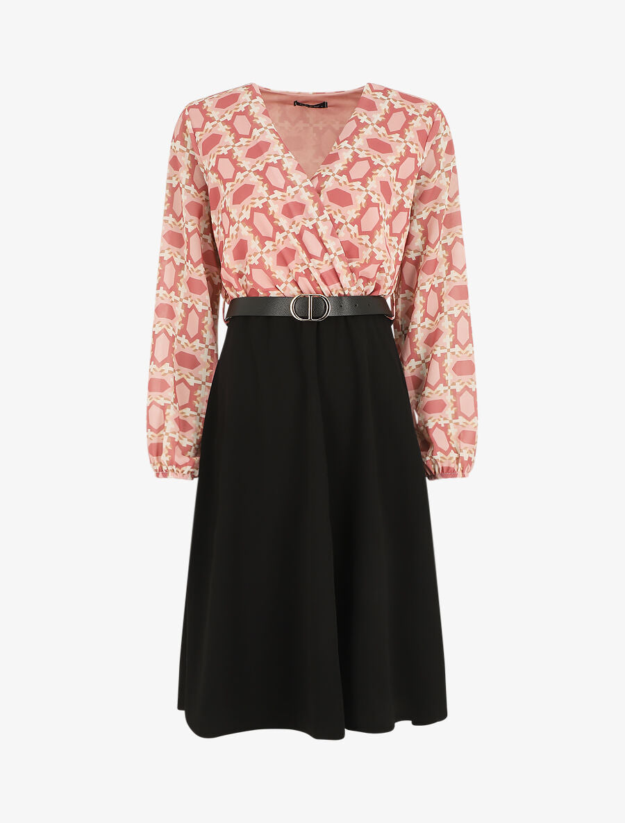 Robe bi-matière imprimé graphique - Vieux rose - 1