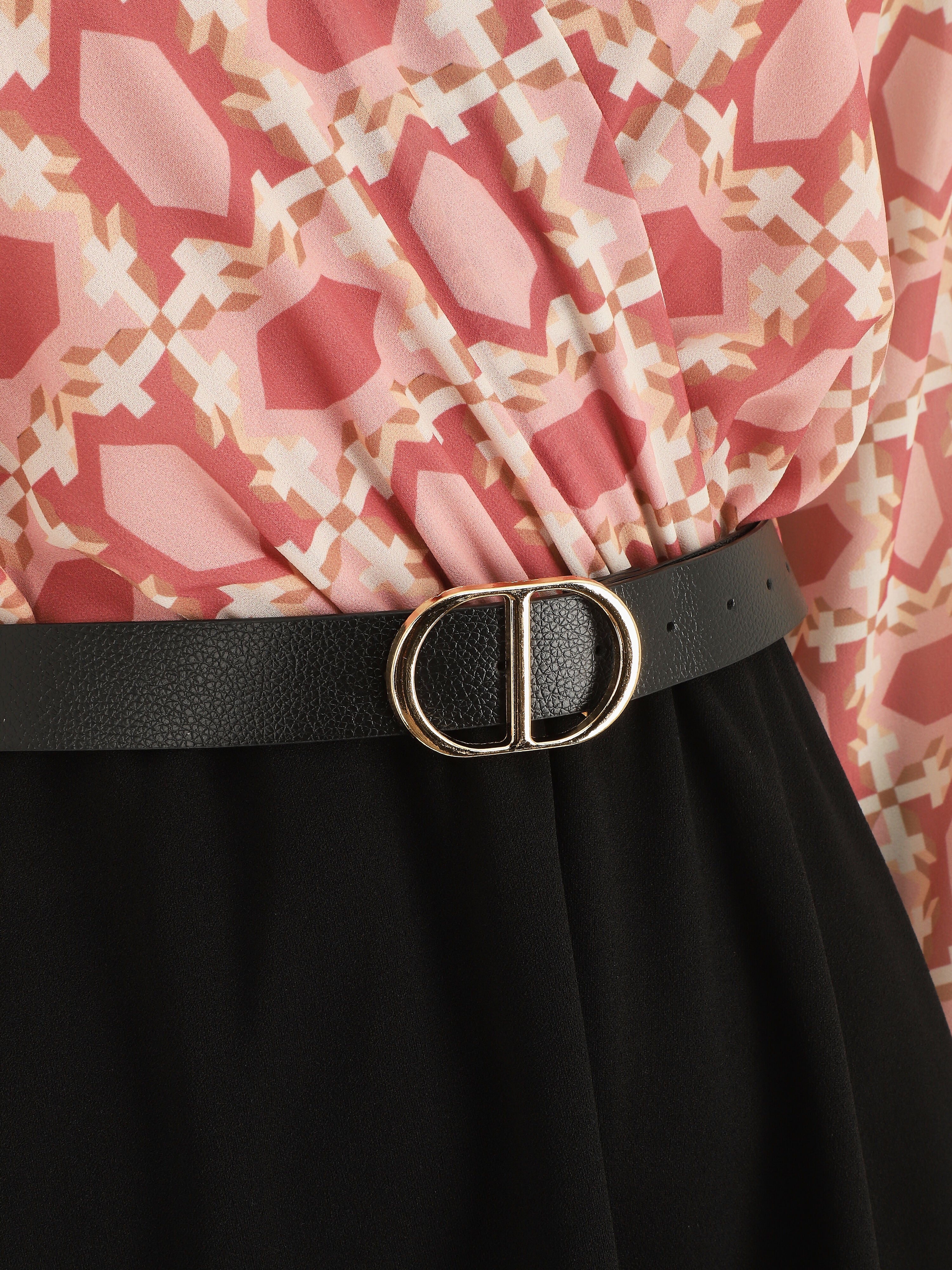 Robe bi-matière imprimé graphique - Vieux rose - 3