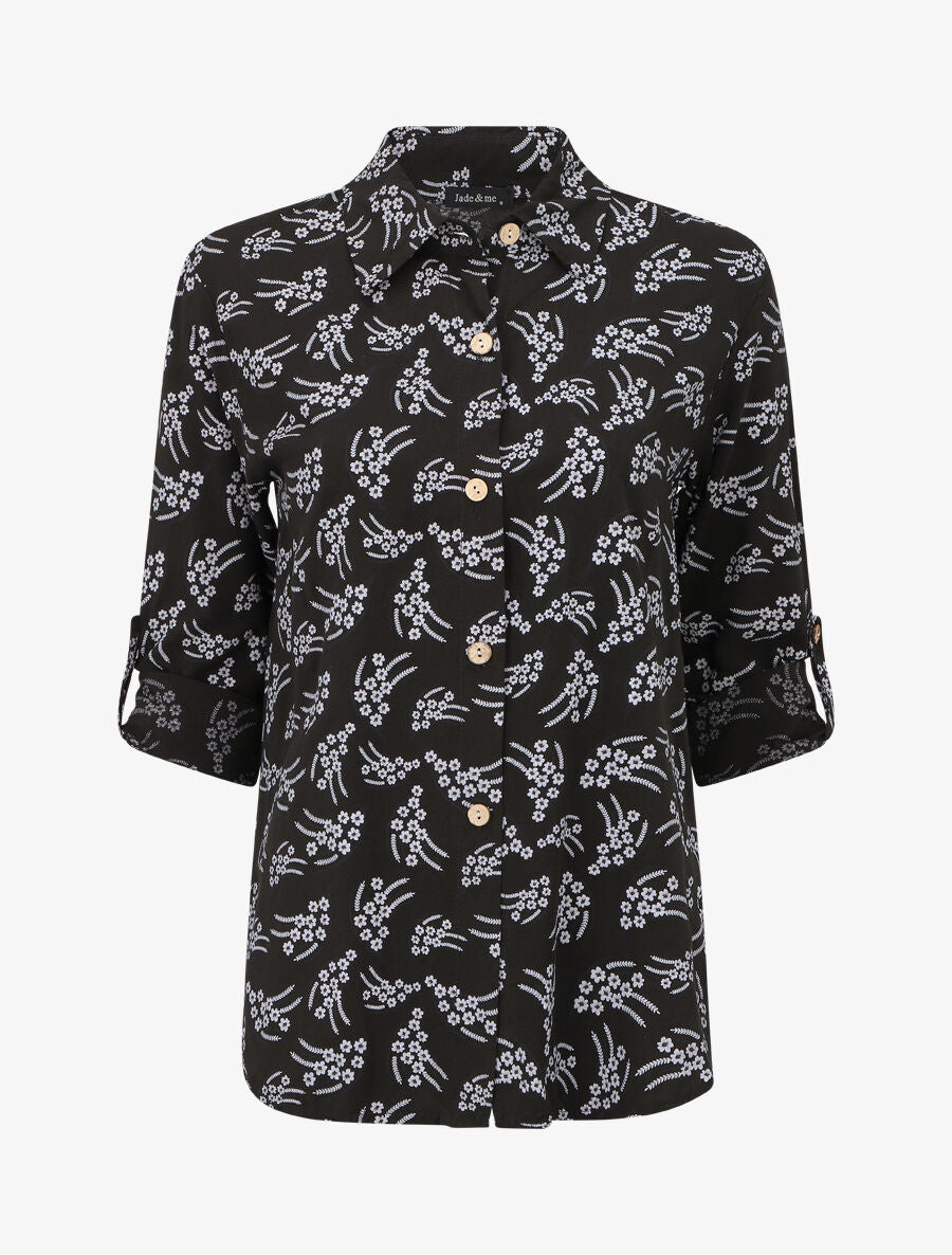 Chemise fleurie à manches longues - Noir - 4