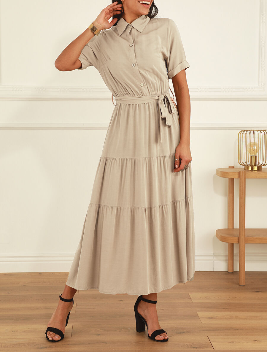 Robe longue unie style chemise - Beige - 4