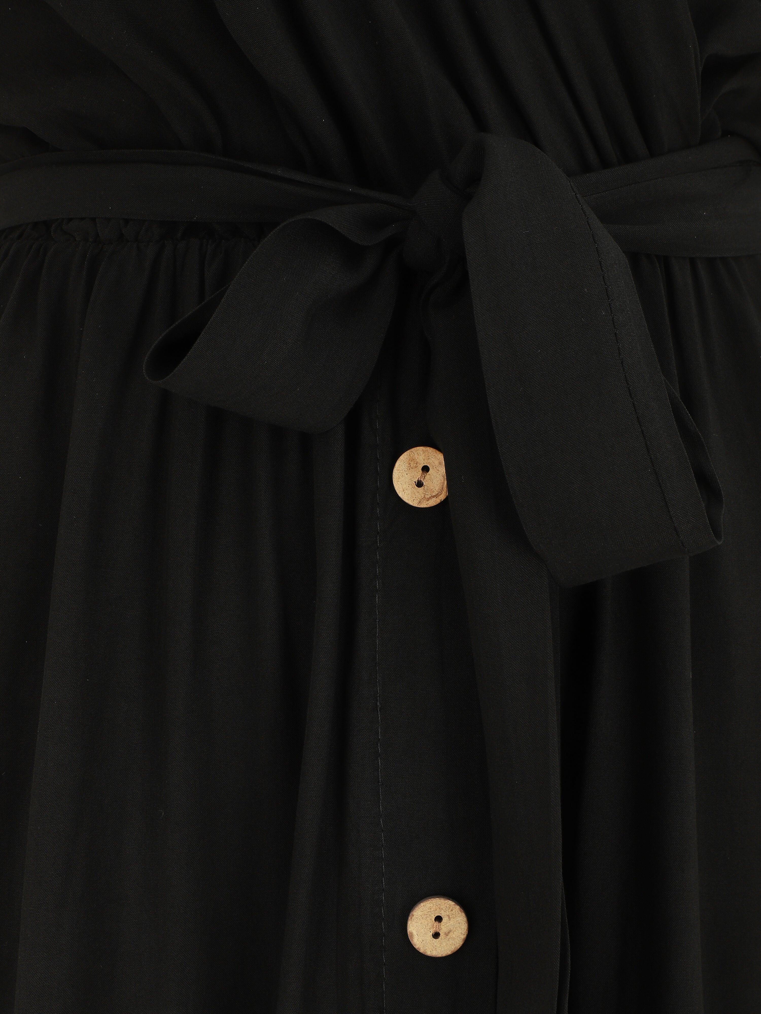 Robe mi-longue boutonnée à manches courtes - Noir - 3