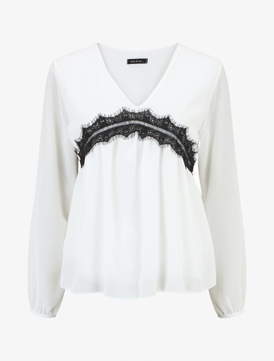 Blouse en voile et dentelle - Blanc - 5
