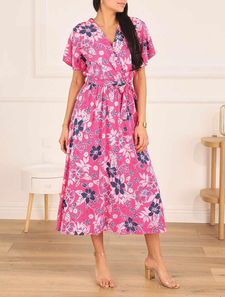 Robe longue fleurie col cache-coeur - Fuschia - 4