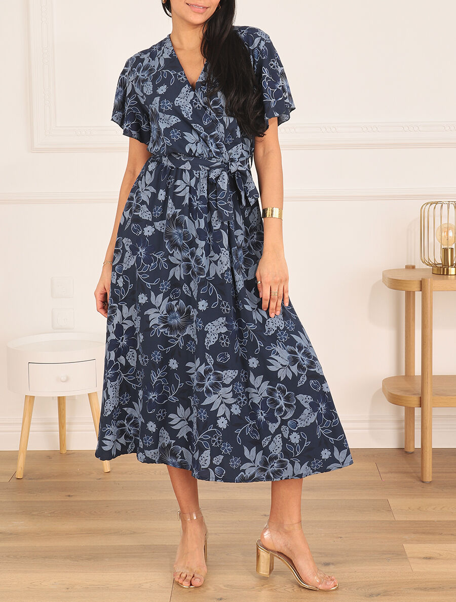 Robe longue fleurie col cache-coeur - Marine - 4