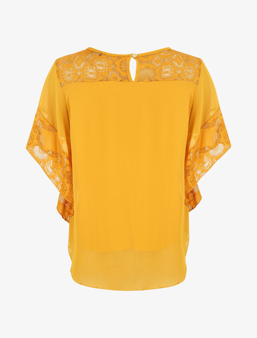 Top uni en voile et dentelle - Jaune moutarde - 2