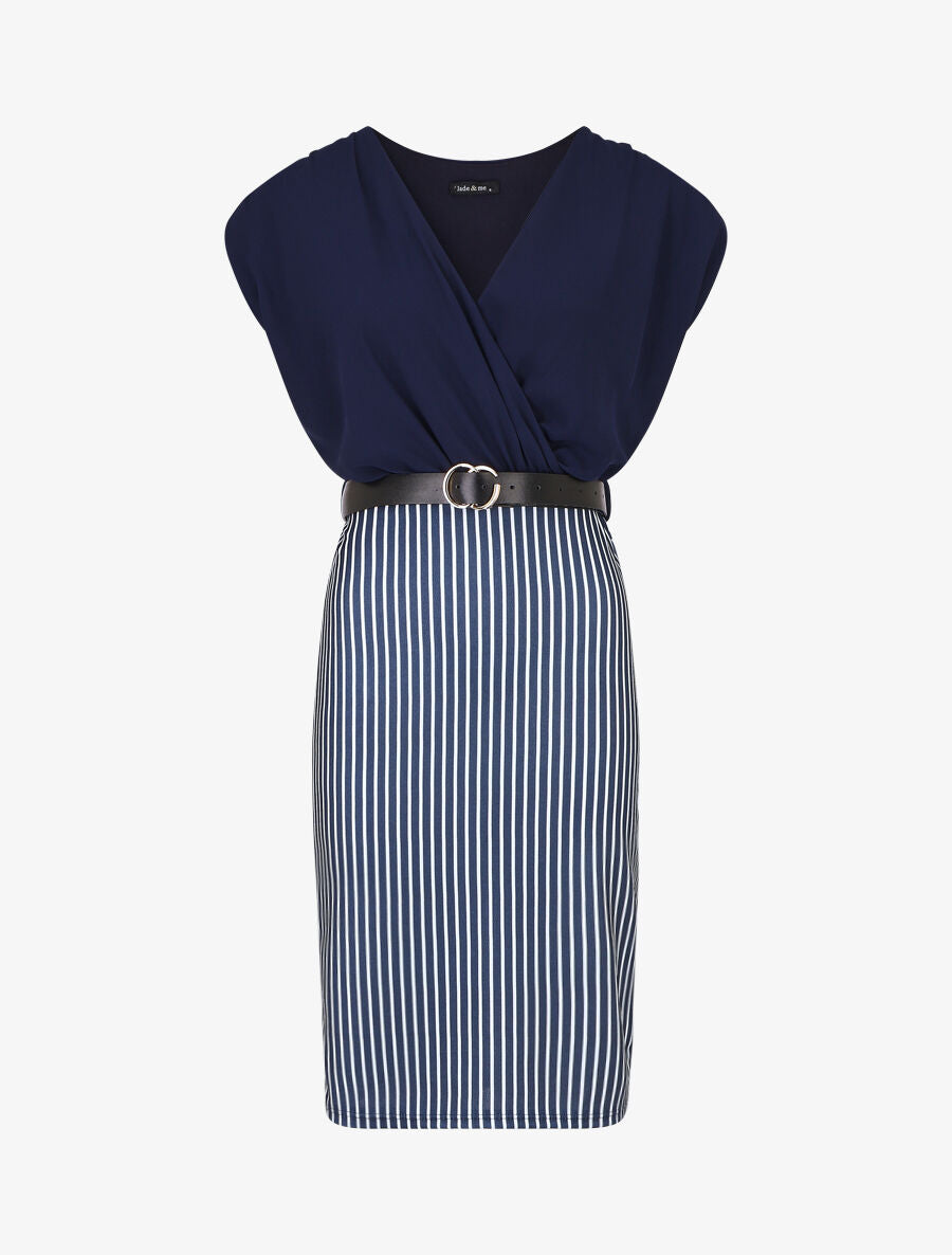Robe fourreau manches courtes et rayures - Marine - 1