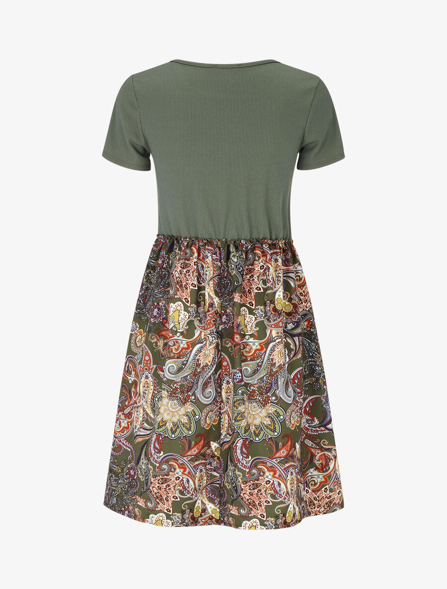 Robe évasée manches courtes imprimé cachemire - Kaki - 2