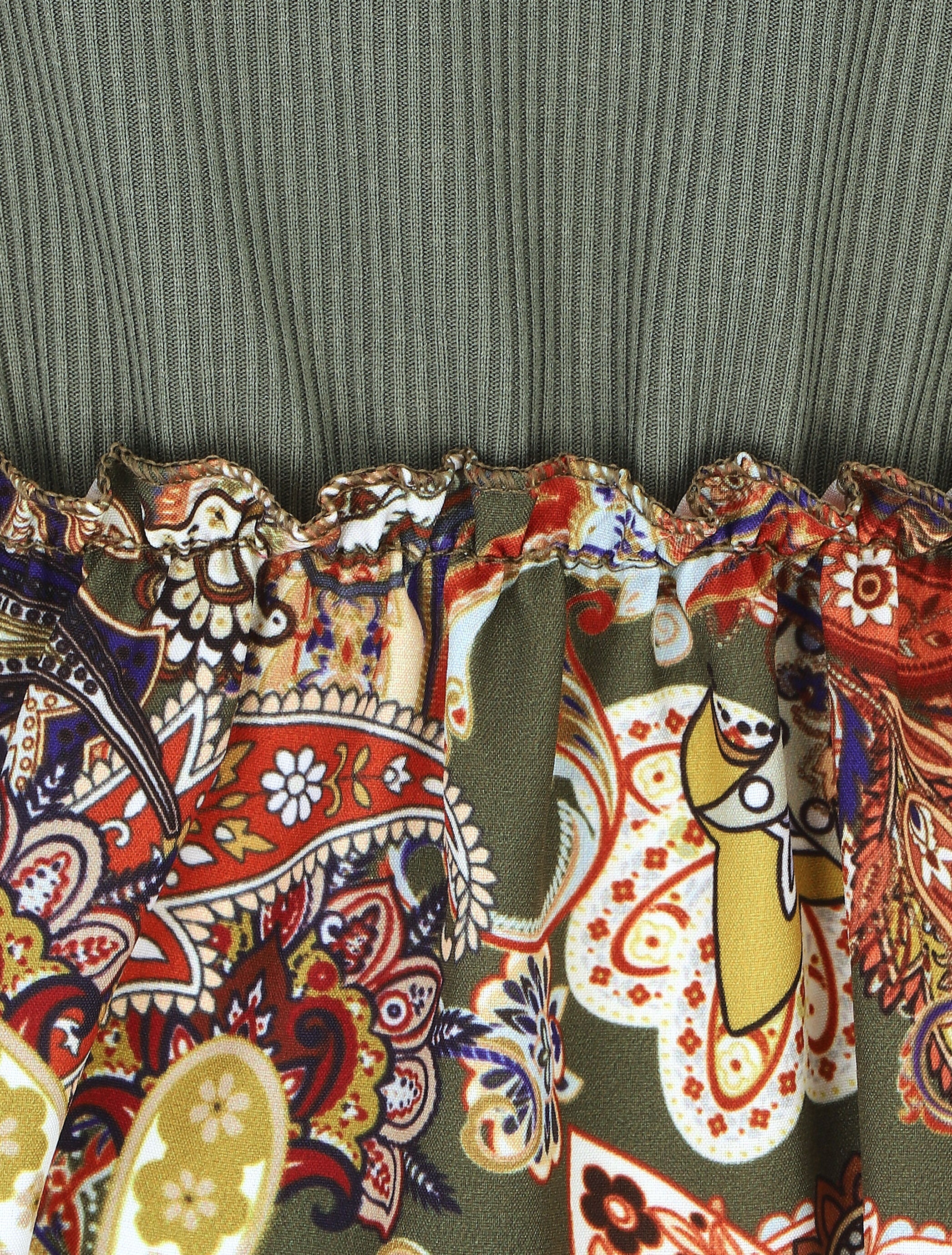 Robe évasée manches courtes imprimé cachemire - Kaki - 3